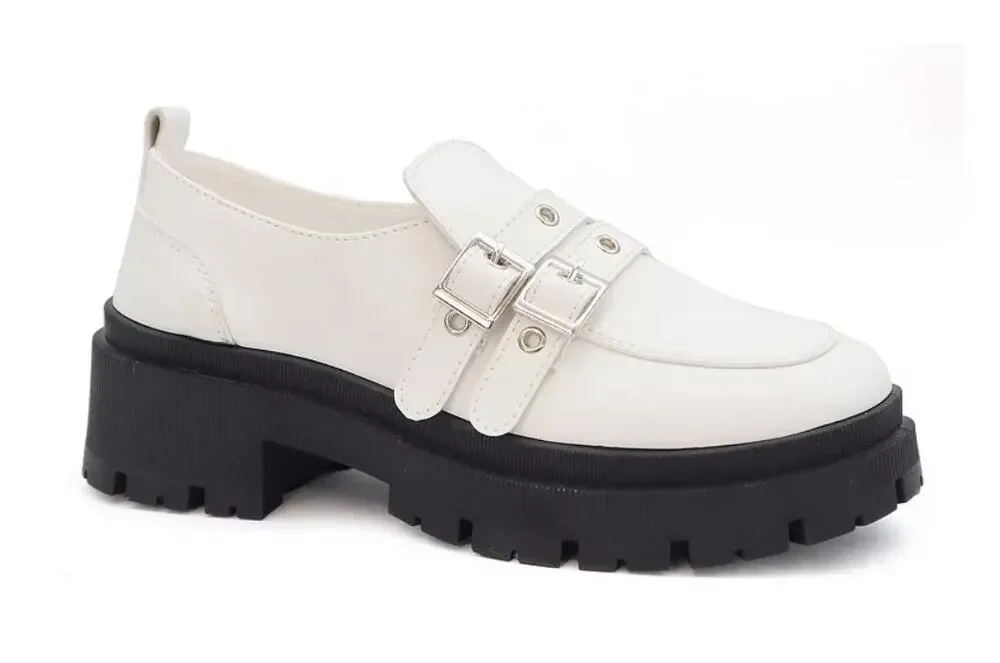 Yoki Simmons Lug Sole Loafers 2 Buckle Straps White Faux Leather Womens US10 NEW